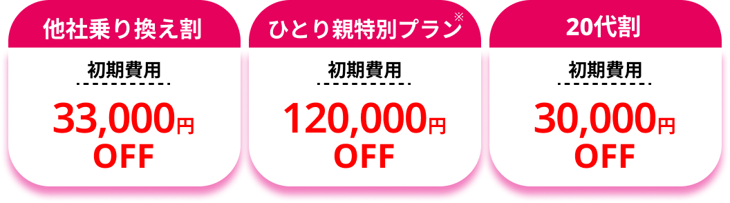 [他社乗り換え割]初期費用33,000円OFF[ひとり親特別プラン]初期費用120,000円OFF[20代割]初期費用30,000円OFF